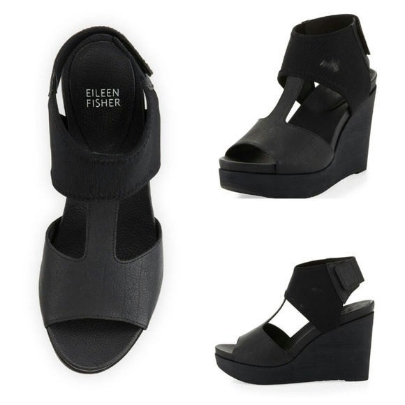 Eileen Fisher Platform Wedge Sandals Black 9 1/2 - Picture 1 of 6